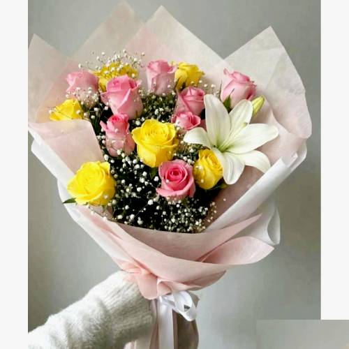 12-Stem yellow pink Rose n white lilies Bouquet