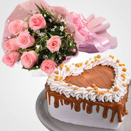 send Yummy butterscotch Cake and pink roses flower bouquet |flower and cake delivery delivery